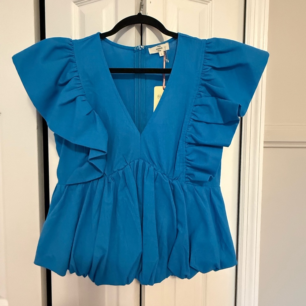 Bright Blue Ruffled V-Neck Women's Top